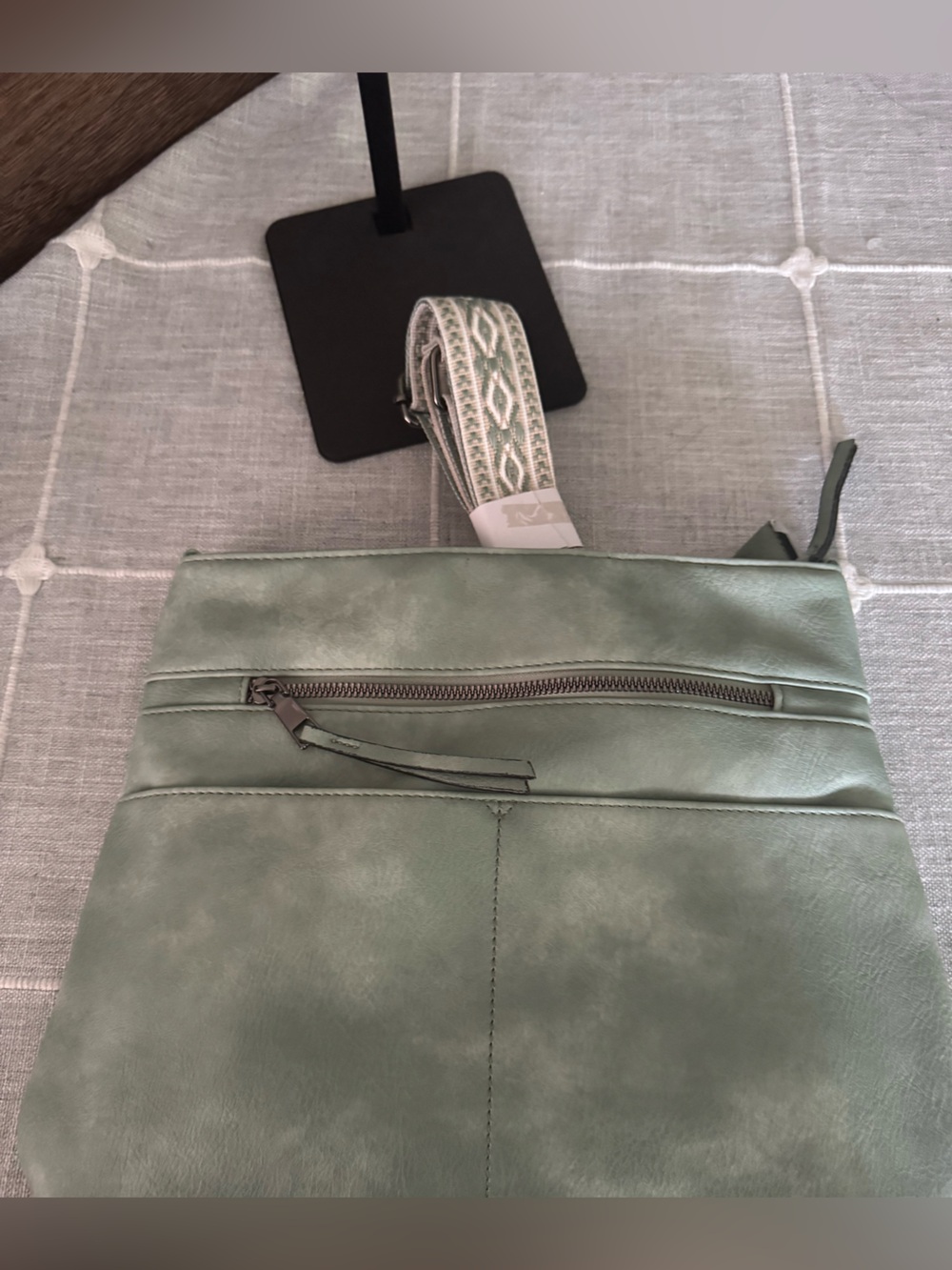 Everyday Sage Green Crossbody Bag with Patterned Strap